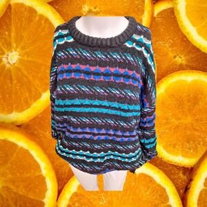 Vintage Expressions Geometric Knit Sweater Womens Large Black Blue 90s Pullover